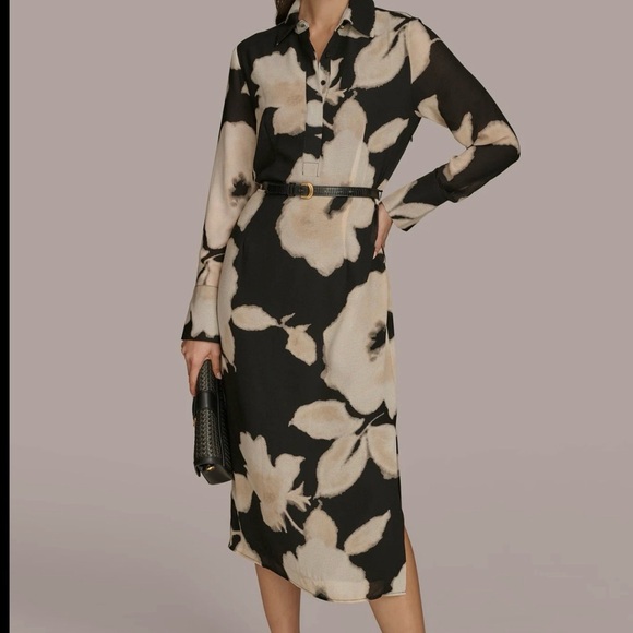 Donna Karan Black and Cream Floral Dress - Picture 1 of 3